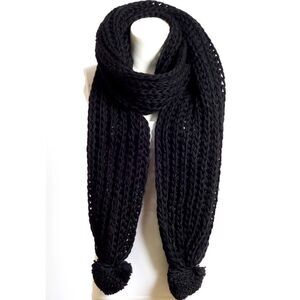 Black Pom Scarf Chunky Knit Tassel Sweater Wrap NWT Cottagecore Comfy Cozy NWT
